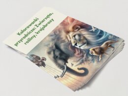 Karty do kolorowania z motywami przyrodniczymi (zwierzęta, rośliny, krajobrazy).