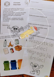 Dzień Ziemi z Ziemusiem. Karta pracy dla klas 1-3. Czytanie ze zrozumieniem + pytania+ quiz prawda/fałsz+ zadanie -segregacja śmieci + poprawianie po śladzie + kolorowanie.