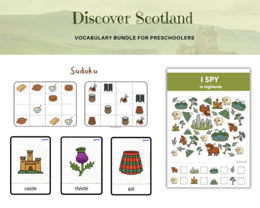 Discover Scotland - vocabulary bundle for preschoolers - Szkocja Kulturowe Karty Pracy dla uczniów przedszkola oraz zerówki przedszkolnej, Słownictwo dodatkowo karty obrazkowe