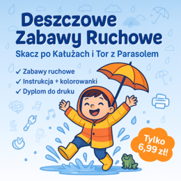 Zabawy ruchowe w sali: „Skacz po kałużach” (z niebieskich kartek), tor przeszkód z parasolem