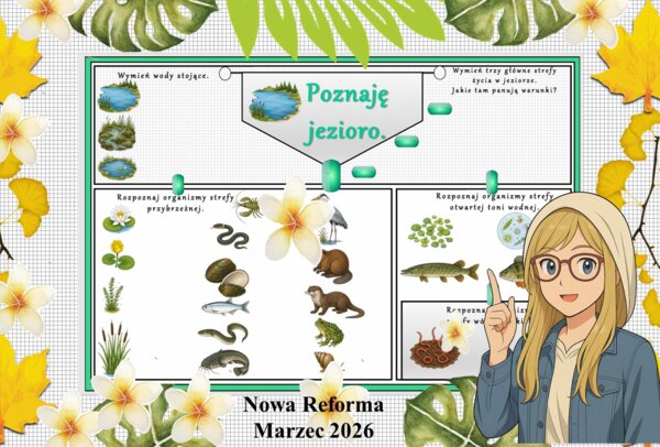 Karta pracy z przyrody do klasy 4 "Poznaję jezioro". Przygotowana na podstawie podręcznika „Odkrywam przyrodę” wydawnictwa Nowa Era. Dział "Życie w wodzie".