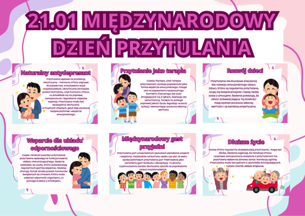 21.01- Międzynarodowy Dzień Przytulania- napis + 10 kolorowych kart A4
