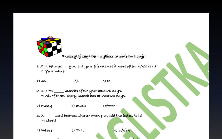 Znane angielskie zagadki z lukami i trzema opcjami do wyboru- Egzamin Ósmoklasisty na luzie :)