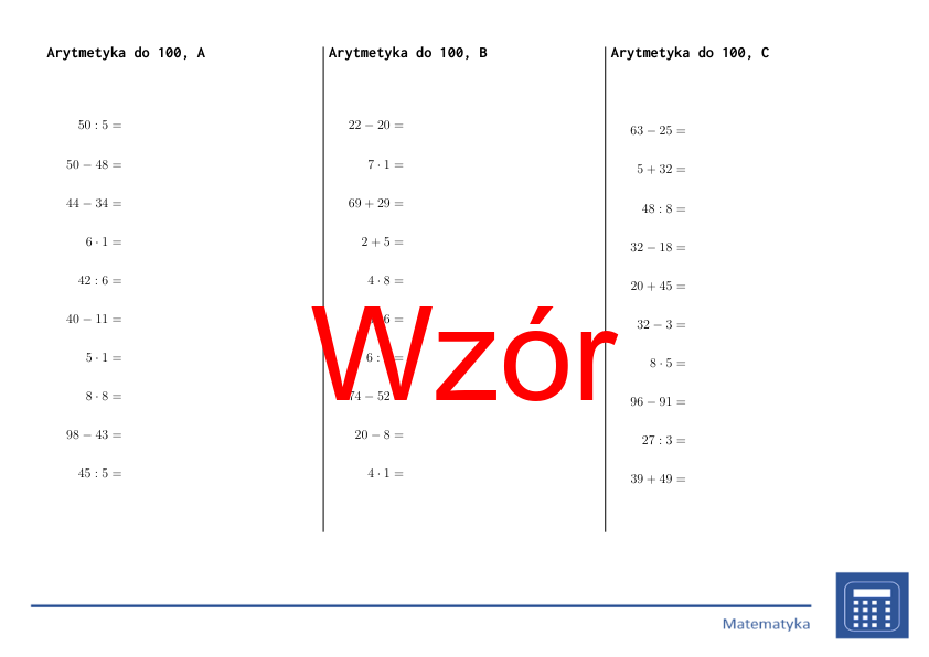 Arytmetyka do 100 | matematyka | 26 kolumn