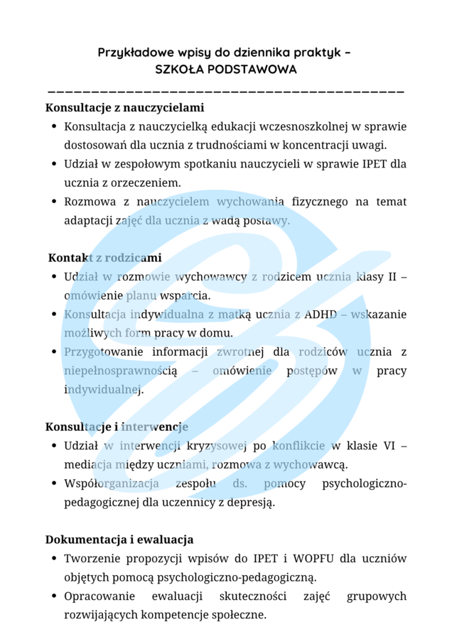 Pedagog specjalny – przykładowe wpisy do dziennika praktyk