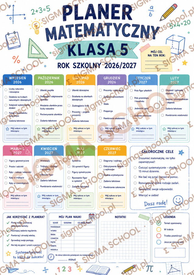 Planer Matematyczny dla Klasy 5 - Rok Szkolny 2026/2027 - Kolorowy Arkusz Edukacyjny