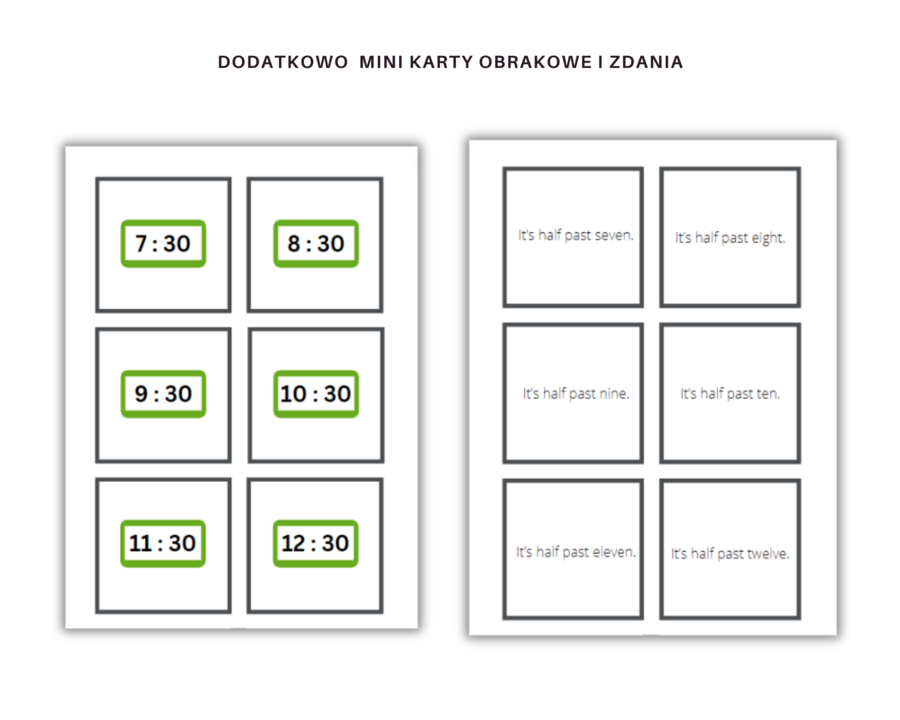 Telling the time - karta pracy, ćwiczenia, nauka czasu, podawanie godziny, język angielski, godziny pełne, półpełne, o'clock, half past. Dodatkowo mini karty obrazkowe i ze zdaniami, memory