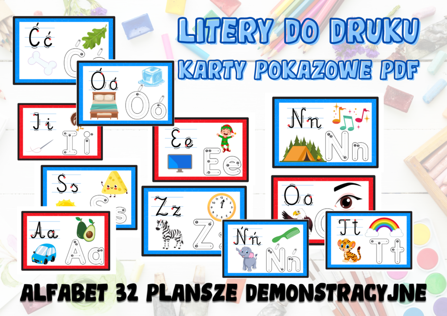 Litery do druku karty pokazowe PDF - ALFABET 32 plansze demonstracyjne