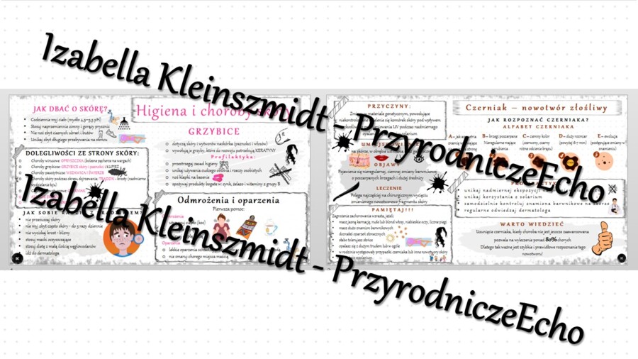 Sketchnotka - notatka „Higiena i choroby skóry” wykonana w power point do edycji. Biologia 7; „Organizm człowieka. Skóra”