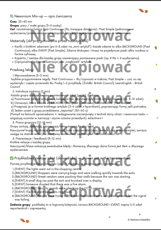 Scenariusz i karta pracy "Power cut in the town center" Past Simple v. Continuous B1