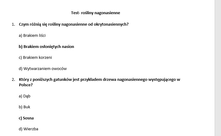 Test- rośliny nagonasienne