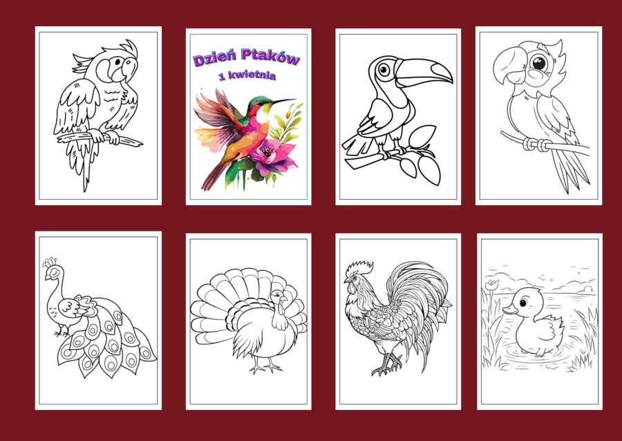 DZIEŃ PTAKÓW – Galeria portretów – kolorowanka – kolorowanki – WIOSNA – biblioteka – świetlica – przedszkole – 49 wersji