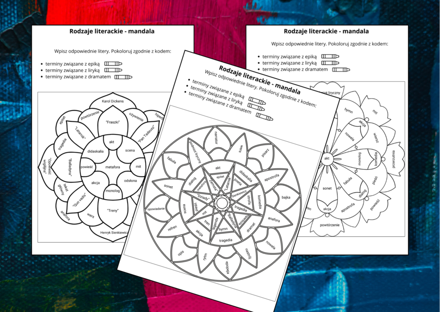 RODZAJE LITERACKIE - epika - liryka - dramat - MANDALA - powtórka - egzamin - 3 wersje