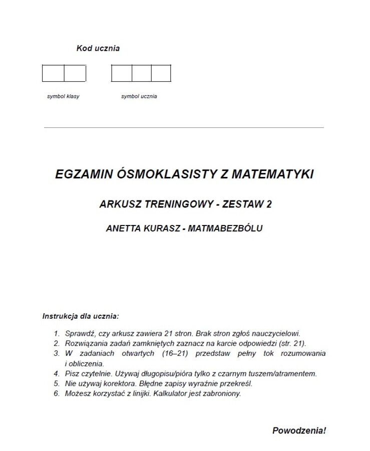 Egzamin ósmoklasisty z matematyki. Arkusz treningowy - zestaw 2.