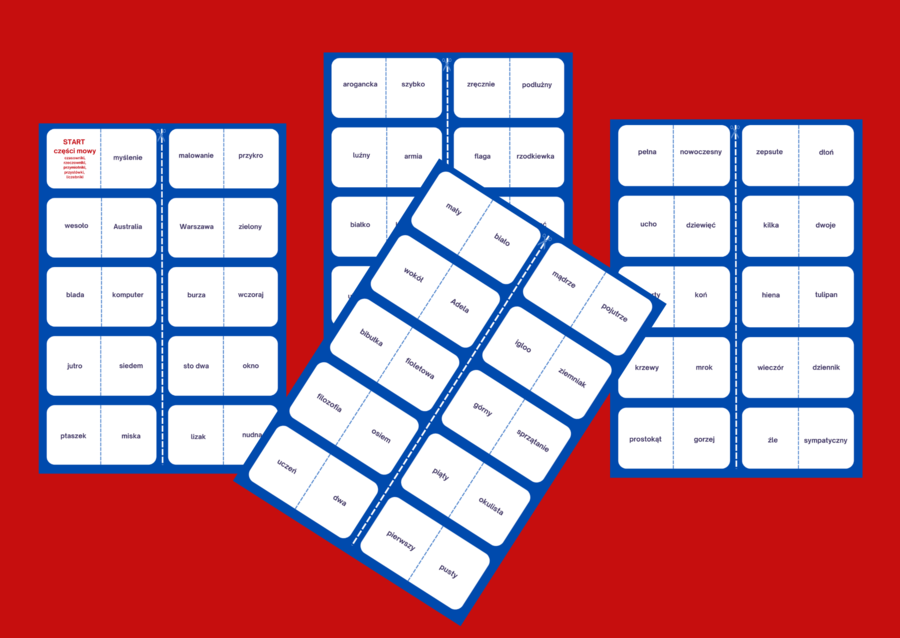 GRAMATYCZNE domino - CZĘŚCI MOWY - wersja 2 – czasownik – rzeczownik – przymiotnik - liczebnik - przysłówek