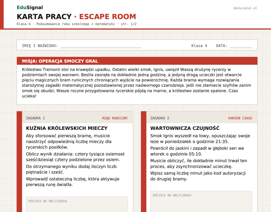 Escape Room MATEMATYKA klasa 4 | Powtórka KONIEC ROKU | Operacja Smoczy Graal — 5 zagadek + fiszki narracyjne