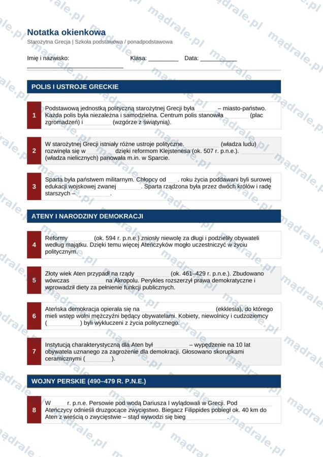 Notatka okienkowa „Starożytna Grecja” + klucz odpowiedzi