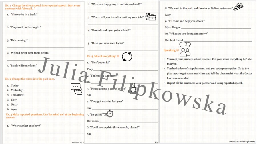 Reported speech/ Mowa zależna/ Zestaw zadań/ Teoria i Praktyka/ Teoria/ Theory/ Zadania/ Pakiet/ Karta pracy/ Gramatyka/ Grammar/ English Grammar/ Matura/ Notatka/ SP 7-8/ SP 8/ Klasy 7-8/ Klasa 8/ Gotowa lekcja