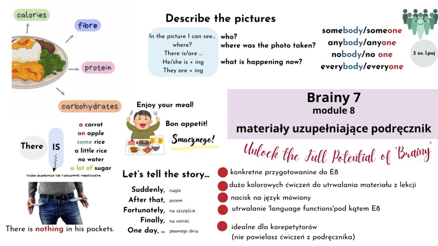 Brainy 7, rozdział 8, materiały uzupełniające podręcznik, countable/uncountable nouns, indefinite pronouns, ordering food, E8