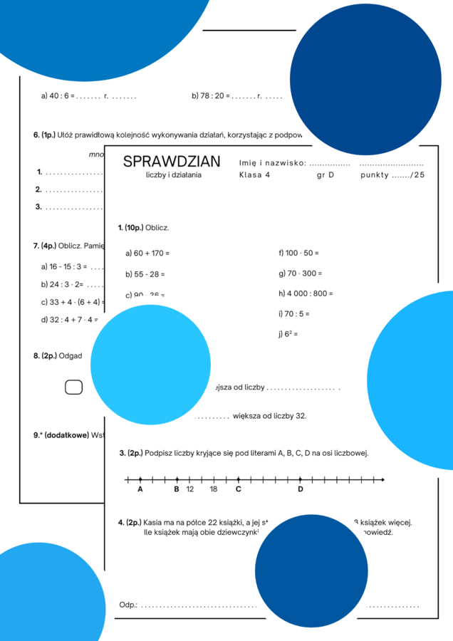 Sprawdzian - liczby i działania. Klasa 4. GWO