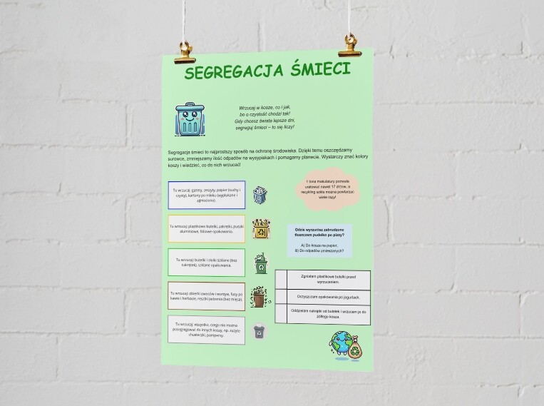 Kolorowe plakaty. Zasady segregacji śmieci, łańcuch pokarmowy, cykl obiegu wody w przyrodzie.