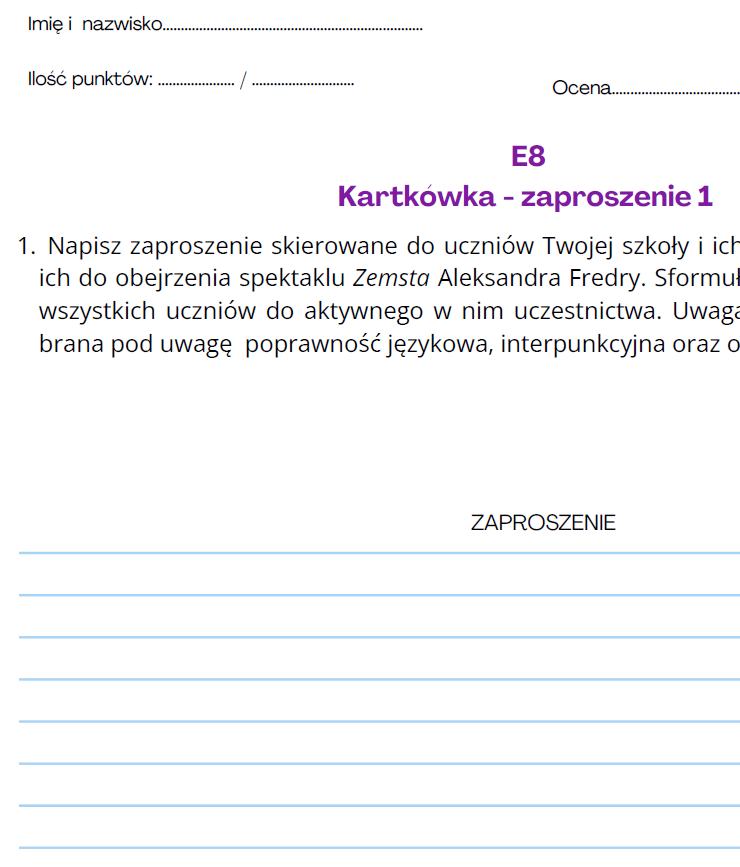 Zaproszenie 2 - kartkówka, egzamin ósmoklasisty, klasa 8