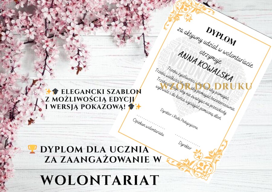 🏆 Dyplom za Wolontariat – elegancki szablon do druku 🌟