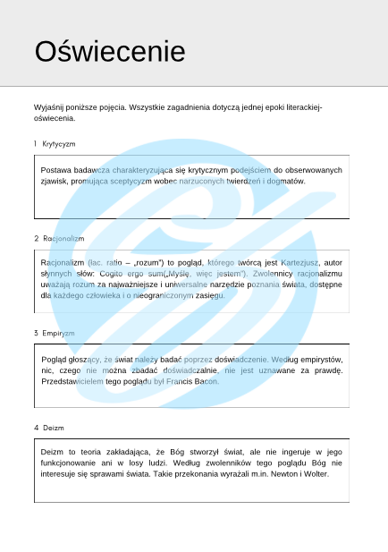 Oświecenie – Najważniejsze Zagadnienia – Karty Pracy dla Maturzystów