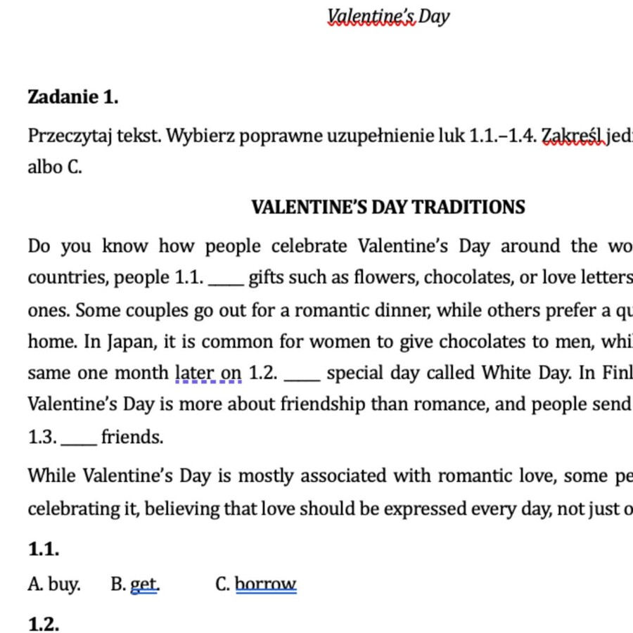 MINI ARKUSZ JĘZYK ANGIELSKI EGZAMIN ÓSMOKLASISTY - E8 VALENTINE'S DAY