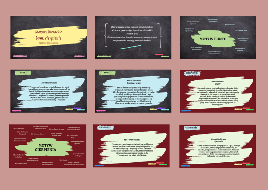 MOTYWY LITERACKIE – bunt - cierpienie – prezentacja – 32 slajdy – lektury kl.7-8 i nie tylko – egzamin – powtórzenie Materiał cyfrowy