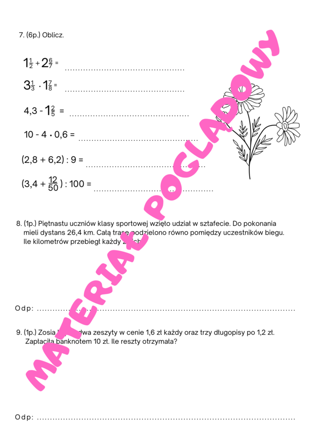Sprawdzian. Liczby i działania. Klasa 6. GWO