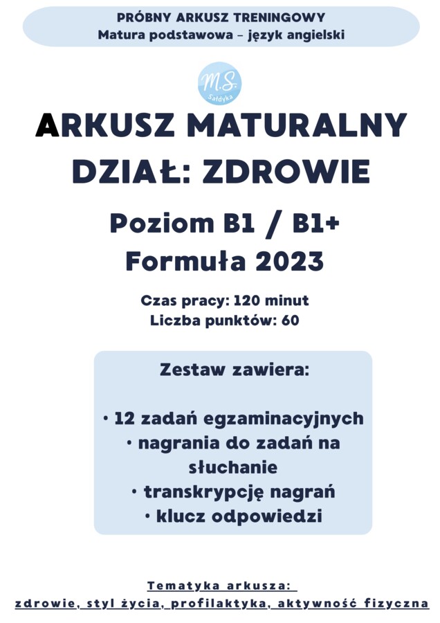 Autorski arkusz maturalny – język angielski – ZDROWIE (B1/B1+) | Formuła 2023