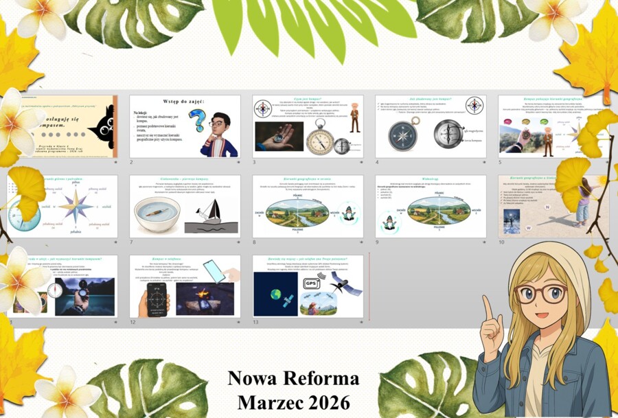 Prezentacja multimedialna w PowerPoint do edycji „Posługuję się kompasem” wykonana na podstawie podręcznika „Przyroda” Nowa Era. Przyroda 4. Dział „Spotkanie z przyrodą”.