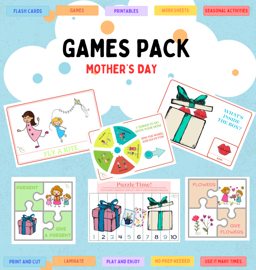 Mother's Day game pack/ Dzień Matki Karty obrazkowe, kupony, koło zadań, zgadywanki, puzzle, układanki Dobre dla SPE/ ZR/ RI