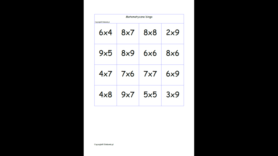 Matematyczne bingo- utrwalanie mnożenia