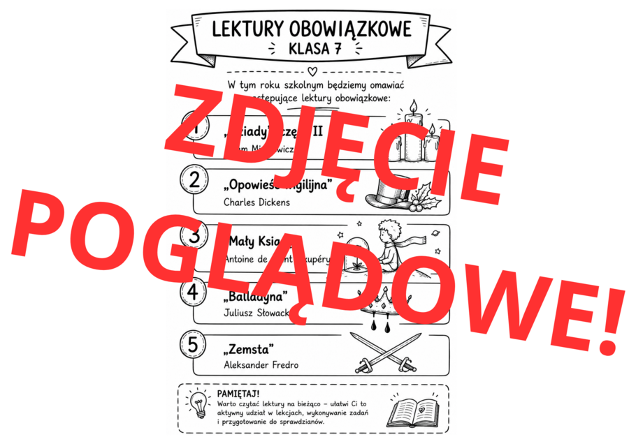 Notatka do zeszytu ze spisem lektur obowiązkowych w klasie 7