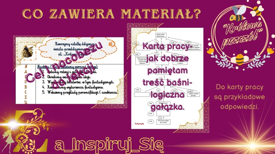 Baśnie: "Kopciuszek", "Bajka o rybaku i rybce", "Królowa pszczół", cechy baśni - karty pracy, scenariusz lekcji, zadania