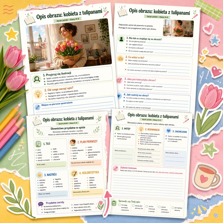 Opis obrazu: kobieta z tulipanami