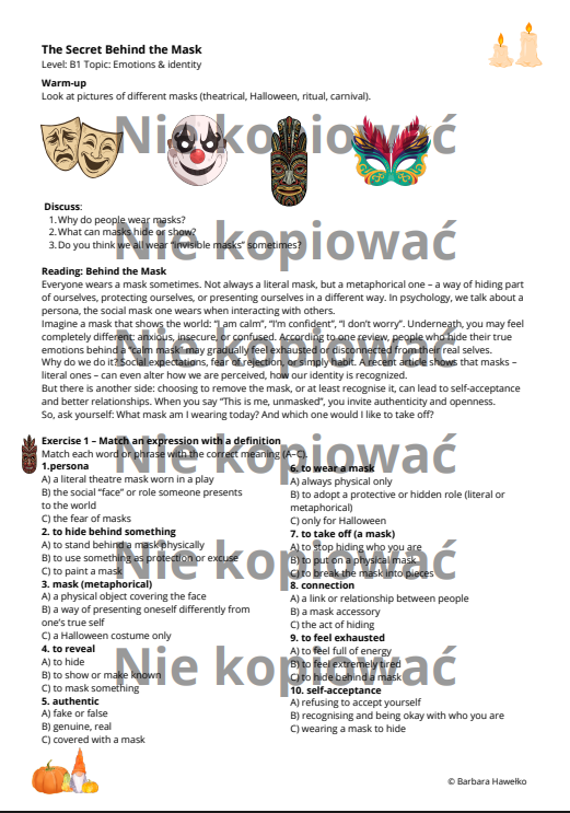 Karta pracy z czytanką "The Secret Behind the Mask" słownictwo: emocje i osobowość B1