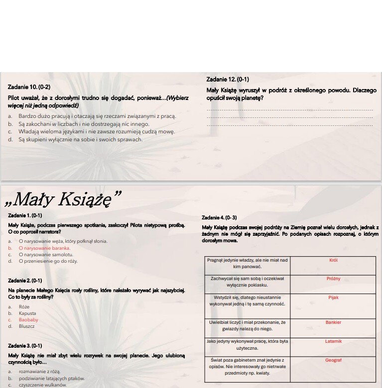 Test wprowadzający/powtórzeniowy do lektury "Mały Książę"