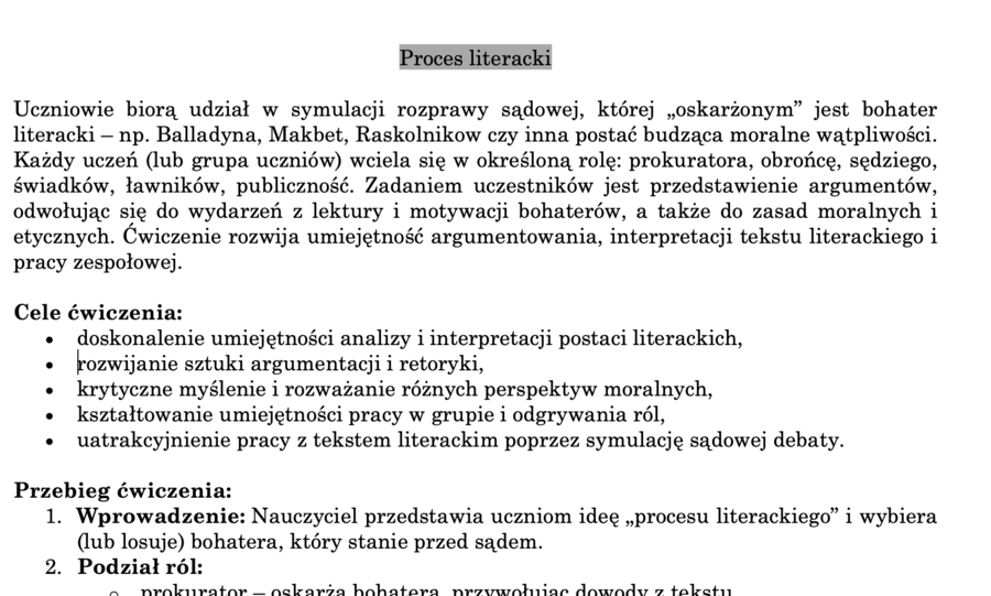 Proces literacki - scenariusz ćwiczenia + materiały