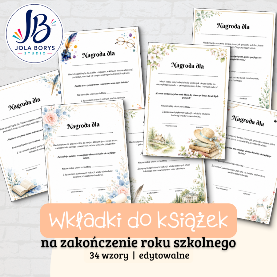 Wkładki do książek na zakończenie roku szkolnego – eleganckie pamiątki dla uczniów klas 1–8 - edytowalne, pionowe