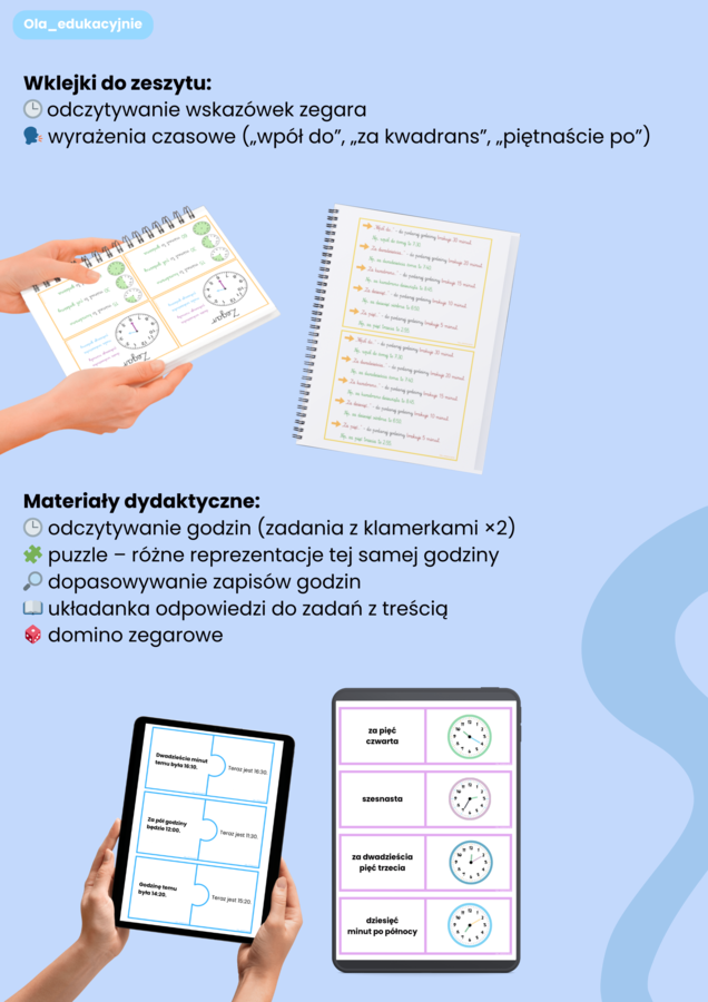 🕒 ZEGAR – odczytywanie godzin | karty pracy, wklejki i gry dydaktyczne | aż 65 stron!