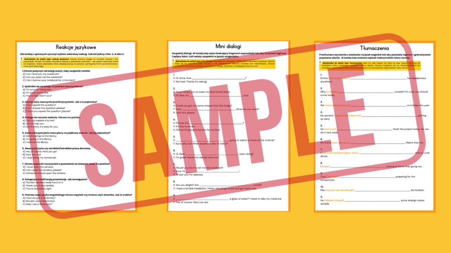 Język Angielski Egzamin 8-klasisty - Kompletny zestaw egzaminacyjny do e8 (Reakcje · Dialogi · Tłumaczenia · Transformacje) + ANSWER KEY