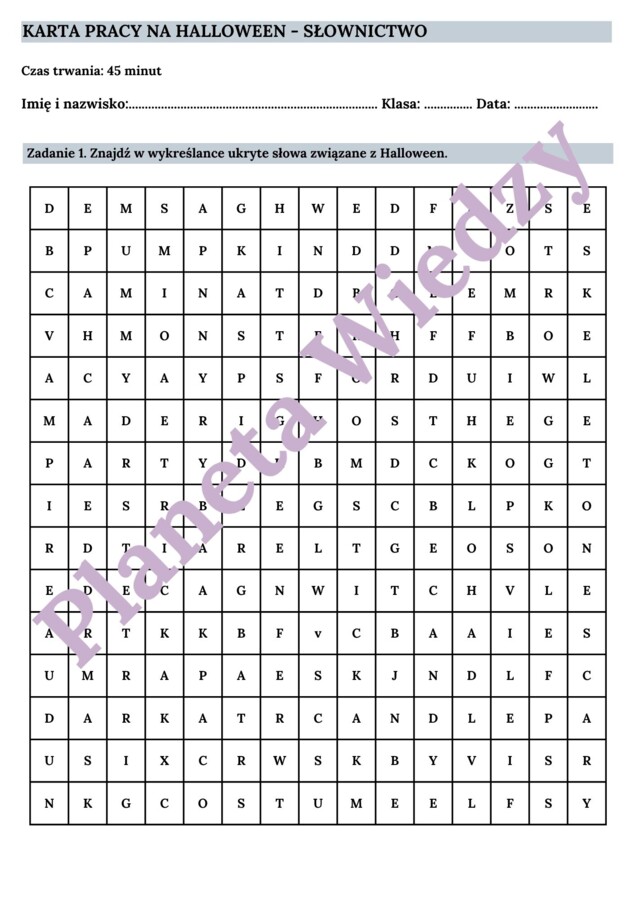 🎃👻KARTA PRACY – HALLOWEEN – SŁOWNICTWO 🎃👻- KLASY 4-8 SZKOŁY PODSTAWOWEJ- WYKREŚLANKA, BUDOWANIE ZDAŃ, POZNAJ TRADYCJE HALLOWEEN, OPISZ SWOJE HALLOWEEN, CZYTANIE TEKSTU, SPEAKING + ODPOWIEDZI