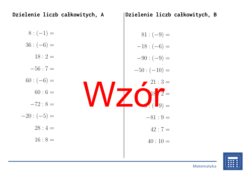 Dzielenie liczb całkowitych | matematyka | 26 kolumn