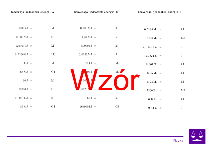 Konwersja jednostek energii | matematyka | 26 kolumn