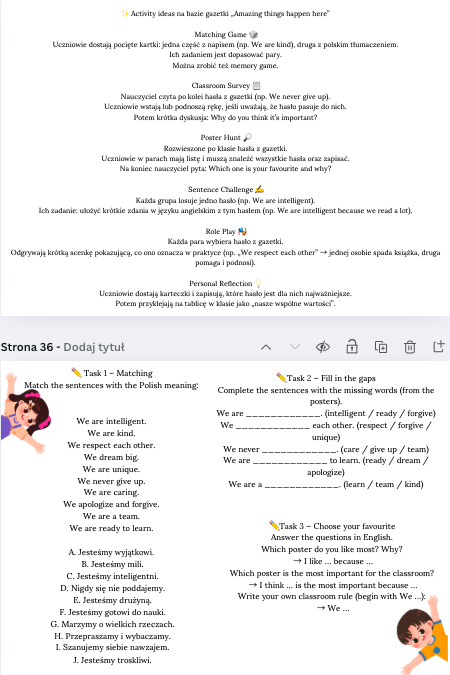 Gazetka „Amazing things happen here” łącznie 35 stron|format A4 i mniejszy| ideal na jako całoroczna dekoracja sali i nie tylko| w pakiecie karta pracy i pomysły na wykorzystanie gazetki na lekcjach