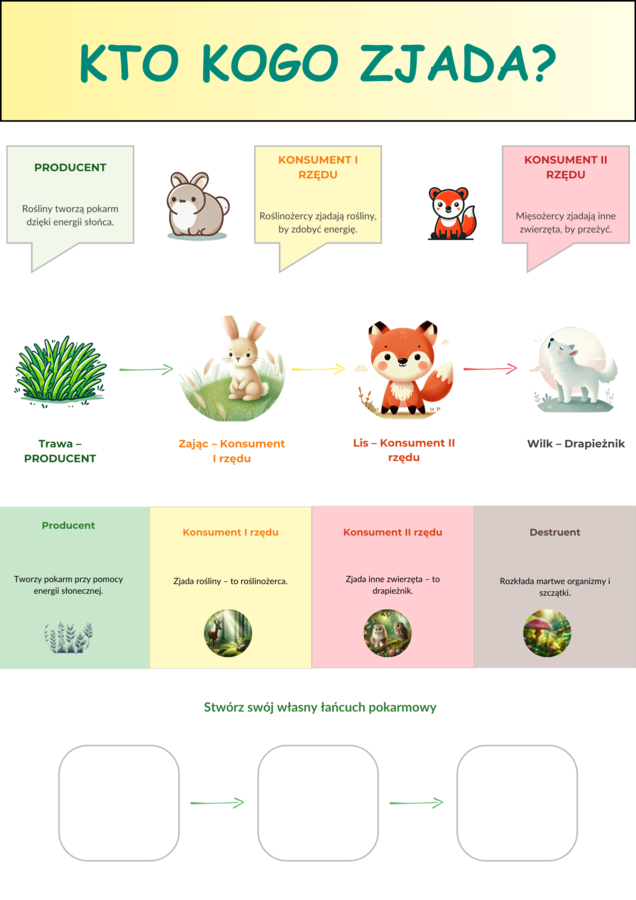 Plakaty edukacyjne. Gatunki roślin i zwierząt. Łańcuchy pokarmowe. Ekologia.