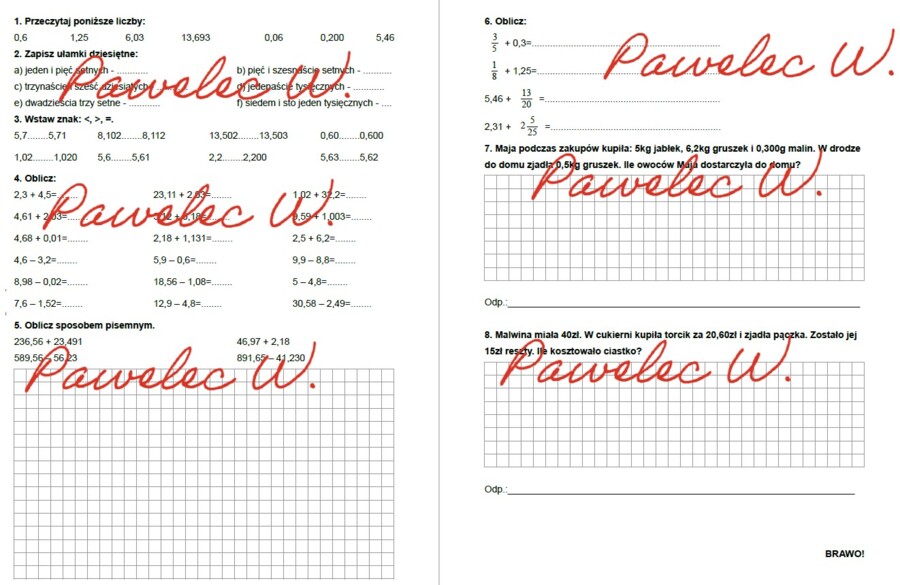 UŁAMKI DZIESIĘTNE dodawanie i odejmowanie - zadania, karta pracy, sprawdzian, kl 5, 6